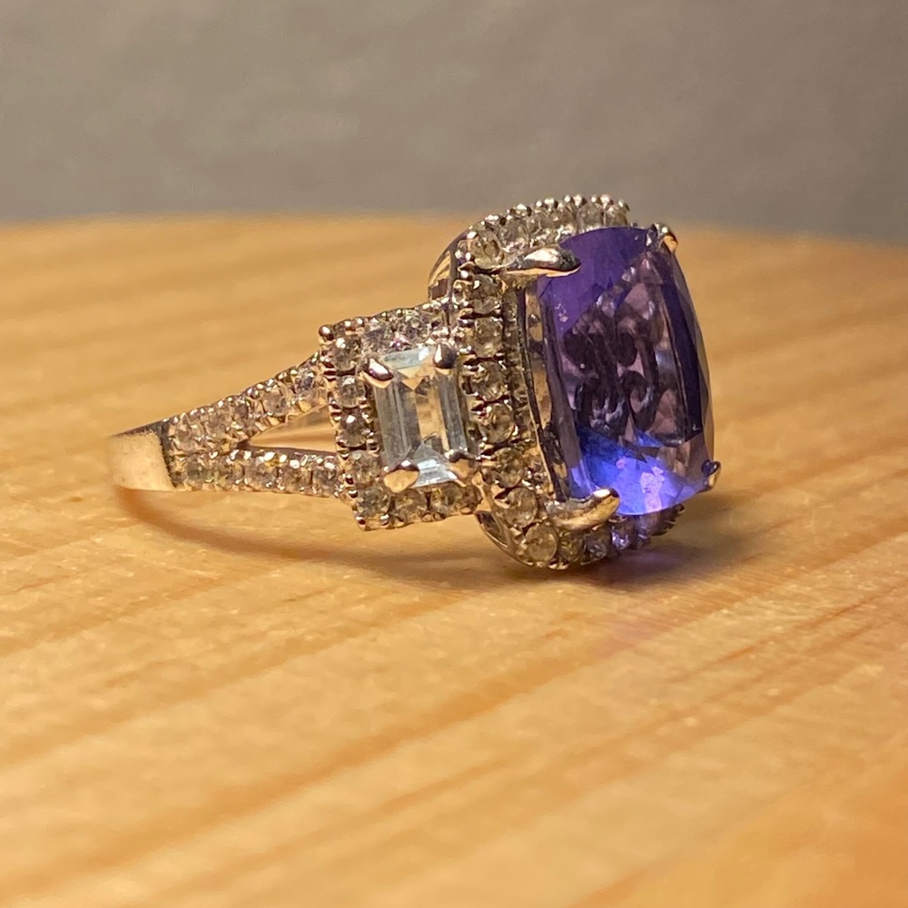Blue Cushion Fluorite & Blue Topaz Ring Womens Sz 8 925 Silver Halo Art Deco New - Picture 2 of 5